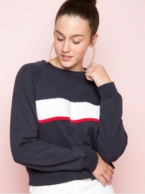 Brandy Melville Navy Sweatshirt with White Panel and Red Stripe